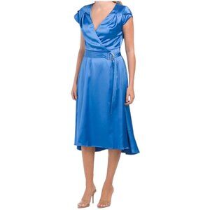 Tahari ASL NWT Blue Satin Midi Dress, Flutter Sleeves Belted Women's Size 8